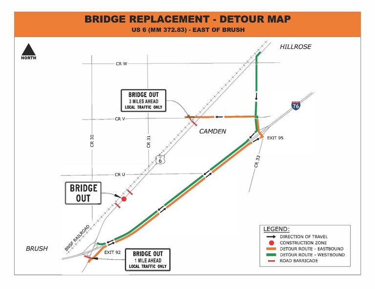 Bridge Replacement East of Brush on US 6 detour map exit 92 to exit 95