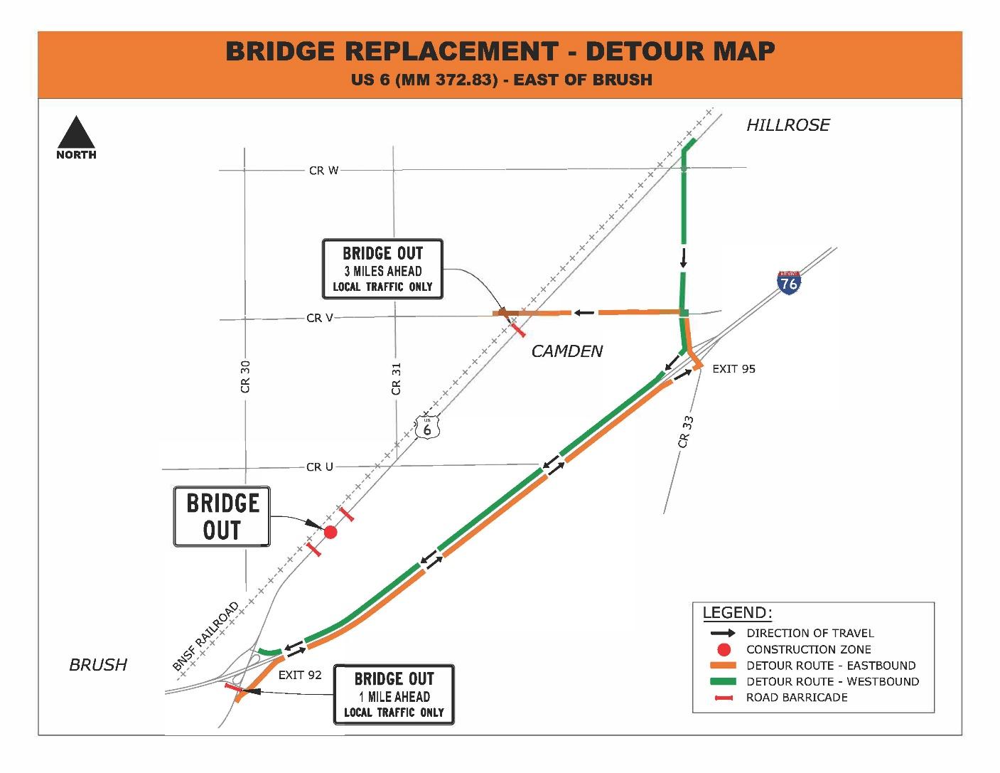 Bridge Replacement  Detour Map on US 6 East of Brush detail image