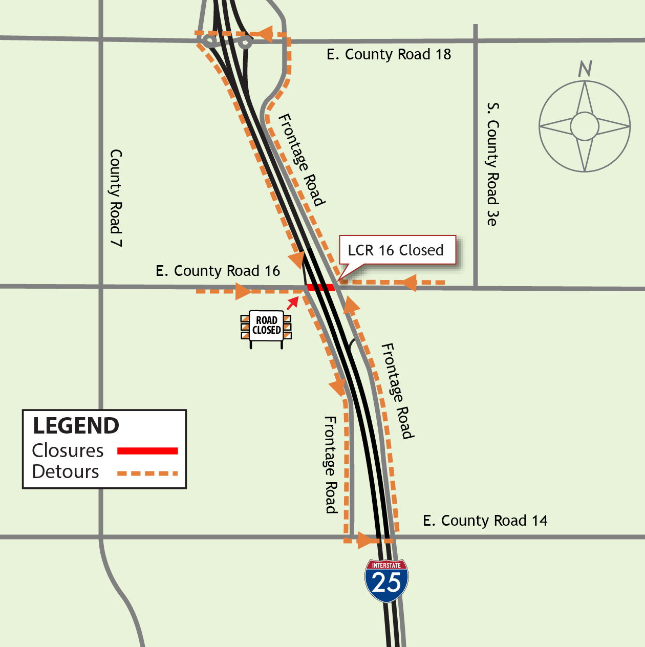 LCR 16 closure at I-25 map detail image
