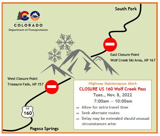 US 160 Wolf Creek Pass Closure points map for Tuesday, Nov. 8, 2022 detail image