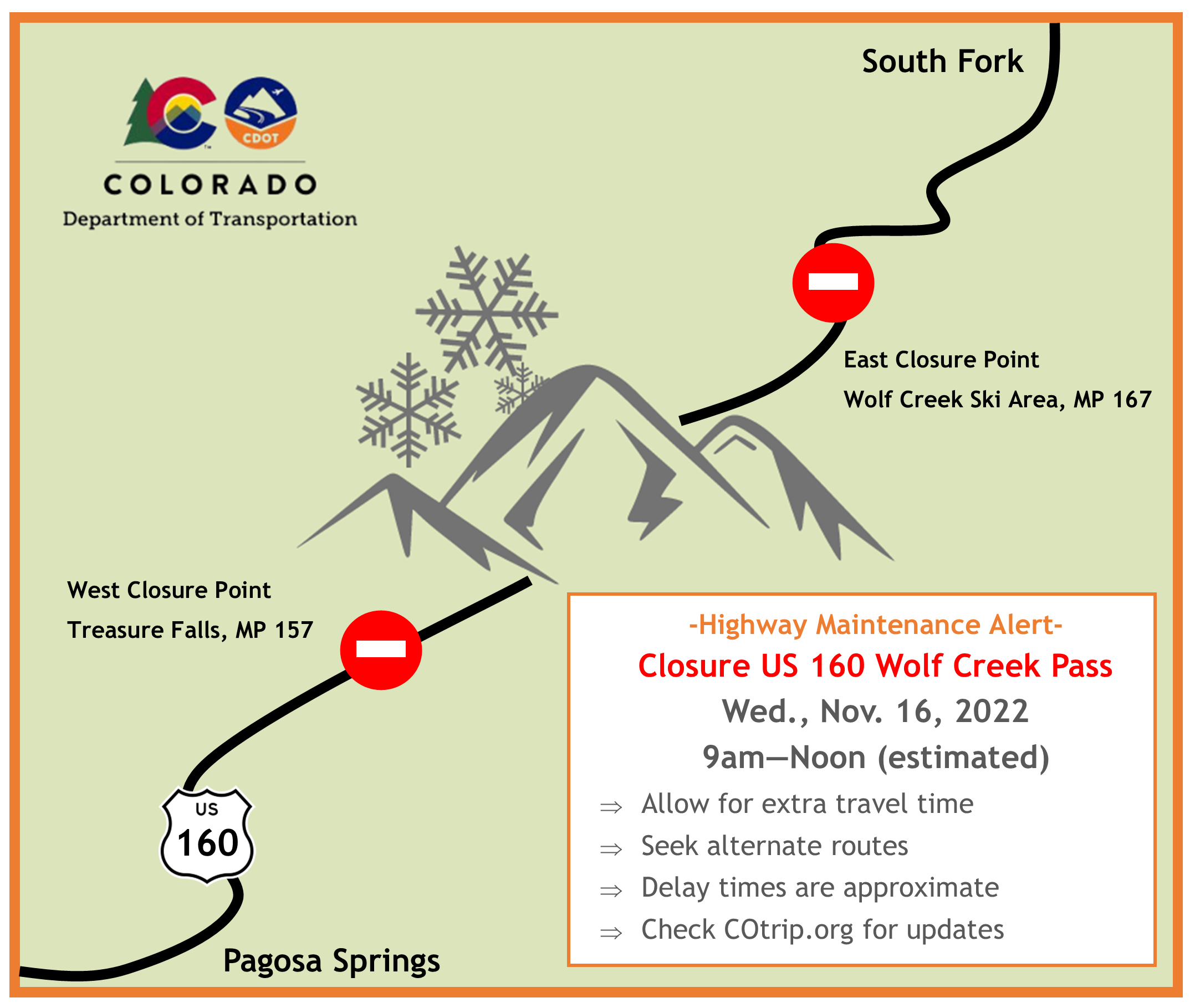 US 160 Wolf Creek Pass closure points map for Wednesday, Nov. 16, 2022 detail image