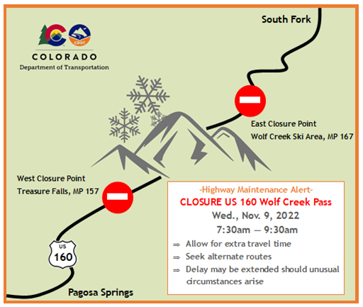 US 160 Wolf Creek Pass Closure points map for Wednesday, Nov. 9, 2022 detail image