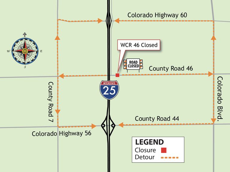 The closure of Weld County Road 46, east of I-25 is rescheduled for Monday, Nov. 21 at 7:00 a.m. to Wednesday, Nov. 23 at 5 p.m. 