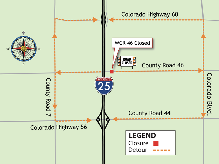 The closure of Weld County Road 46 east of I-25 has been rescheduled from 7:00 a.m. on Monday, November 21 to 5 p.m. on Wednesday, November 23 