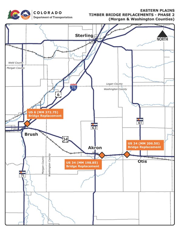 Morgan and Washington counties, eastern plains timber bridge replacements - phase 2 - on US 6 mile point 372.75, US 34 mile point 198.85, and US 34 mile marker 206.50