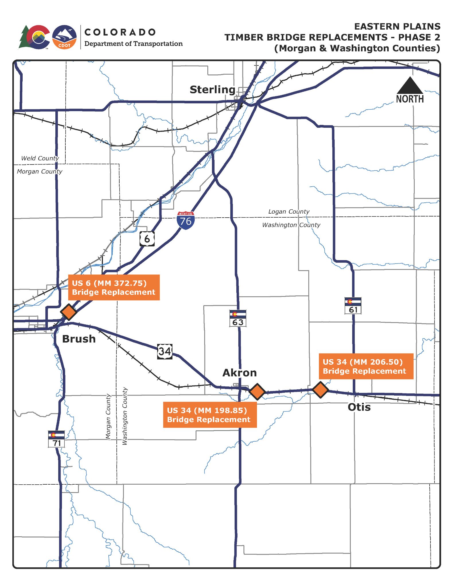 Eastern Plains Timber Bridge Replacements Phase 2 project map in Morgan and Washington Counties detail image