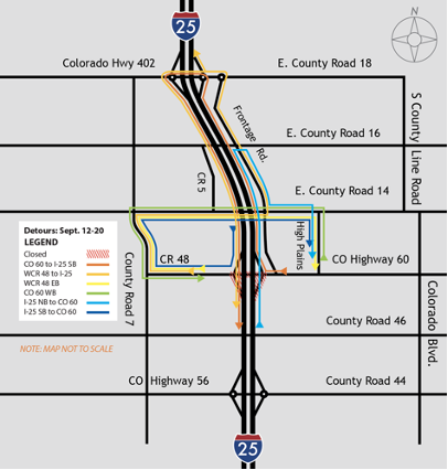 CO 60 detour map at I-25 on East County Road 14 to County Road 7 detail image