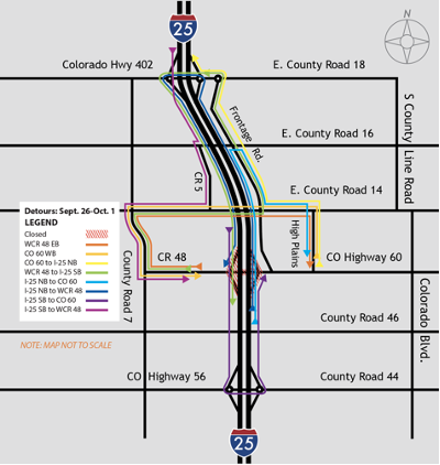  Eastbound and westbound CO 60 bridges will be closed, including all I-25 on- and off-ramps at the interchange, for two days at a time.