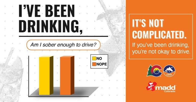 Graph entitled, "I've been drinking, Am I sober enough to drive?"  with two even bars, one representing "no" and the other "nope." Words are next to the graph: "It's not complicated. If you've been drinking you're not okay to drive." The Colorado Department of Transportation logo and Madd Colorado logo are at the bottom of the graphic. 