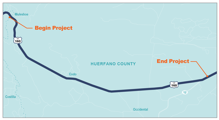 Huerfano County US 160 paving work zone between mile point 283.4 and mile point 283.6