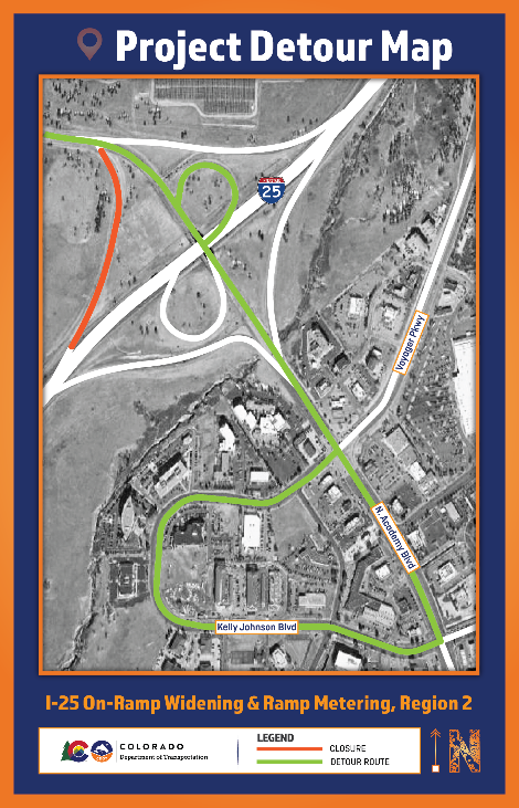 I-25 Southbound North Academy Boulevard on-ramp detour onto Kelly Johnson Boulevard