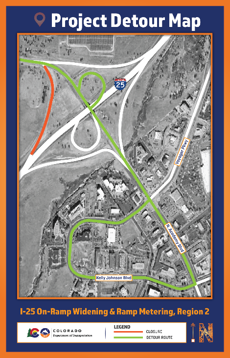 I-25 on-ramp widening and metering detour map in El Paso County detail image