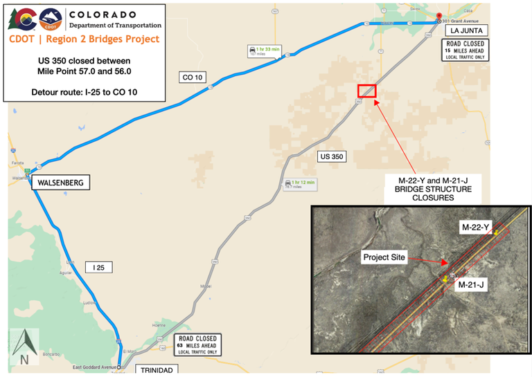 Region 2 Bridges Project update: US 350 closed between mile point 57 and 56. Detour route is I-25 to CO 10.