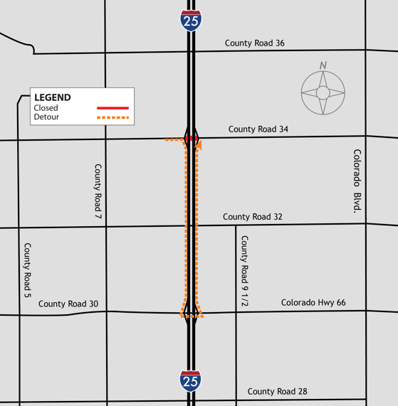 Weld County Road 34 nighttime closures of northbound I-25 detouring traffic to the exit 245 off-ramp and re-entering the northbound on-ramp. 