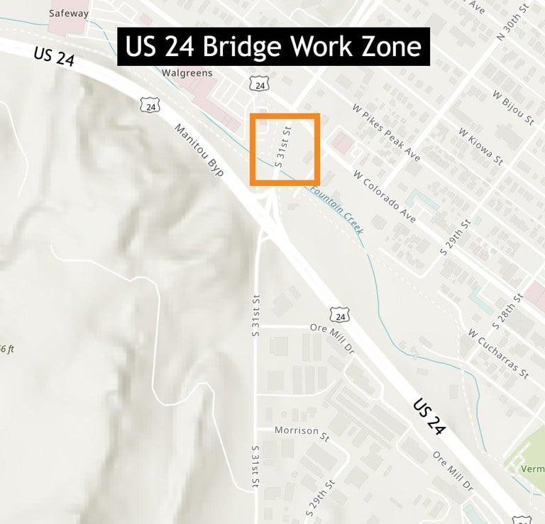 US 24 over the 31st Street Bridge work zone in El Paso County