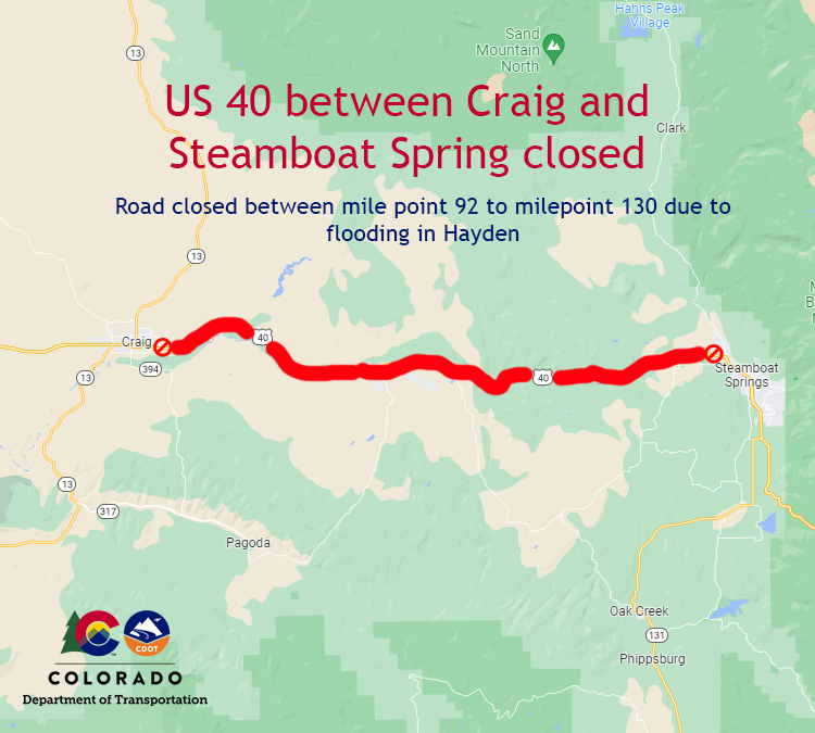Closure map of US 40 closure between Craig and Steamboat Springs - Road closed between mile points 92 and 130 due to flooding in Hayden.png detail image