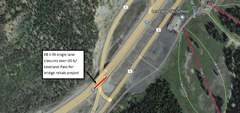 Map showing eastbound Interstate 70 single lane closures over US 6Loveland Pass for bridge rehab project
