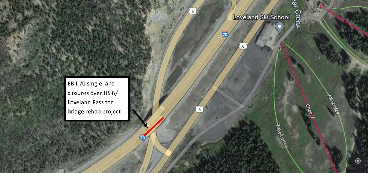 I-70 single lane closures over US 6 or Loveland Pass for bridge rehab project map.jpg detail image