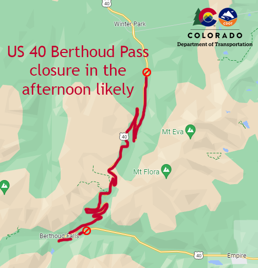 Map of possible closure on US 40 Berthoud Pass