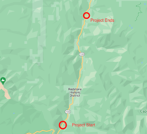 Project limits for the Colorado Highway 133 rockfall mitigation project taking place in 2023.