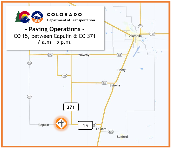 Paving operations map on CO 15 between Capulin and CO 371 from 7 am to 5 pm Sept 5 to 14 Paving operations map on CO 15 between Capulin and CO 371 from 7 a.m. to 5 p.m. Sept 5 to 14