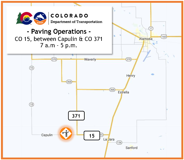Paving operations map on CO 15 between Capulin and CO 371 from 7 am to 5 pm Sept 5 to 14.png detail image