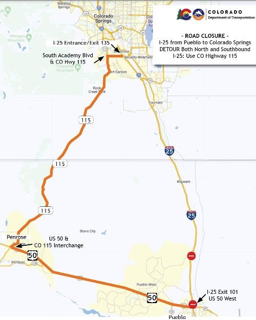 CO 115 from Penrose to Colorado Springs detour map