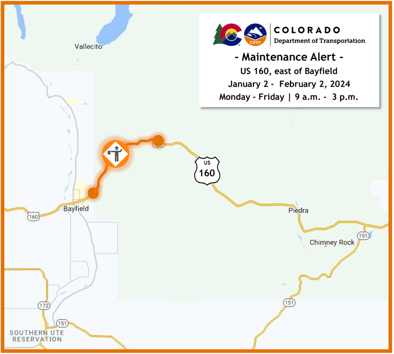 Map of operations occurring on US 160 east of Bayfield