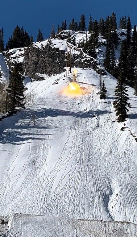 Permanently installed avalanche mitigation equipment uses compressed area and gasses to trigger slides on US 550 Red Mountain Pass. 