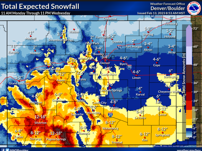 Total Expected Snowfall Denver-Boulder February 13 2023 snowfall map