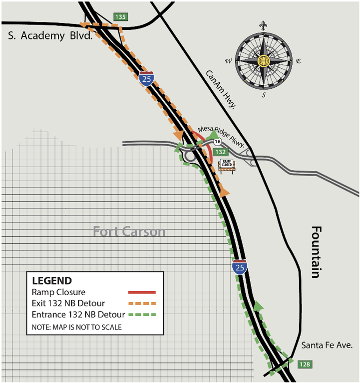 Detour map for northbound I-25 ramp closures