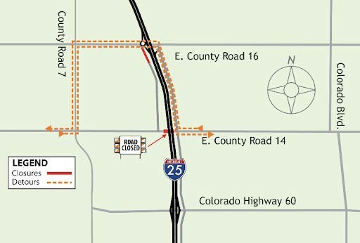 Detour map for the full closure of LCR 14 under I-25