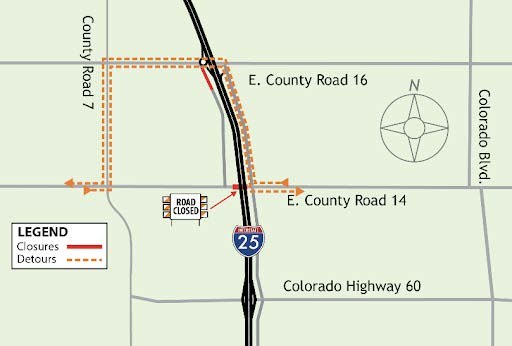 Detour map for the full closure of LCR 14 under I-25 Detour map for the full closure of LCR 14 under I-25