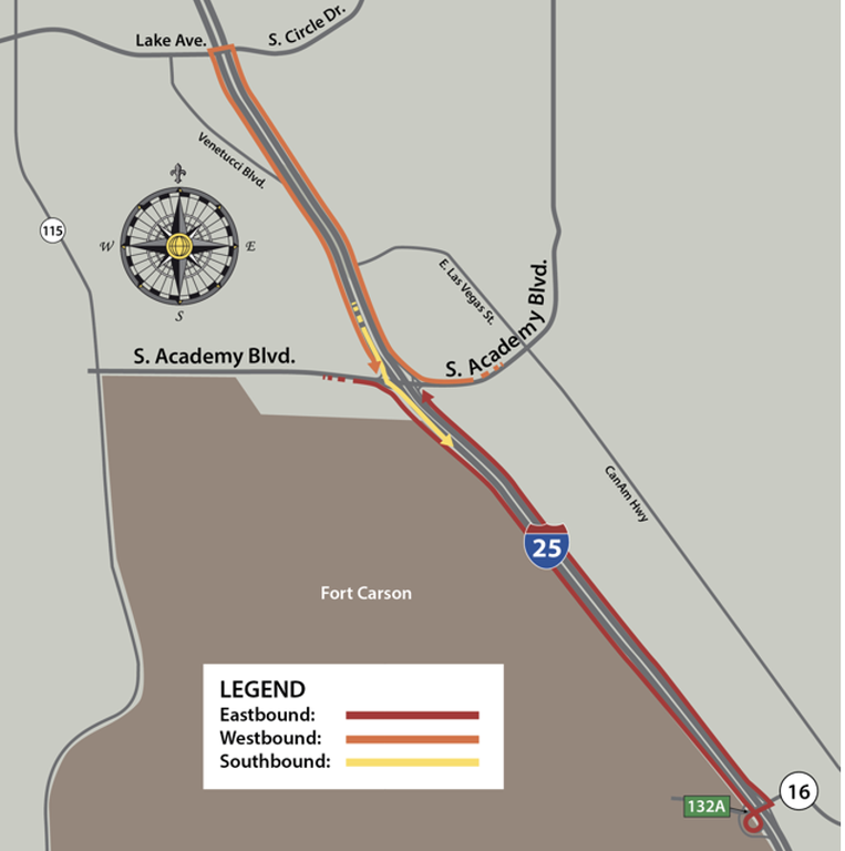 Detour map south academy boulevard concrete pour