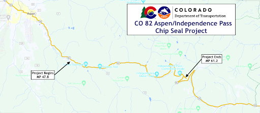 Map of project limits for CO 82 chip seal project scheduled to begin in July 2023.