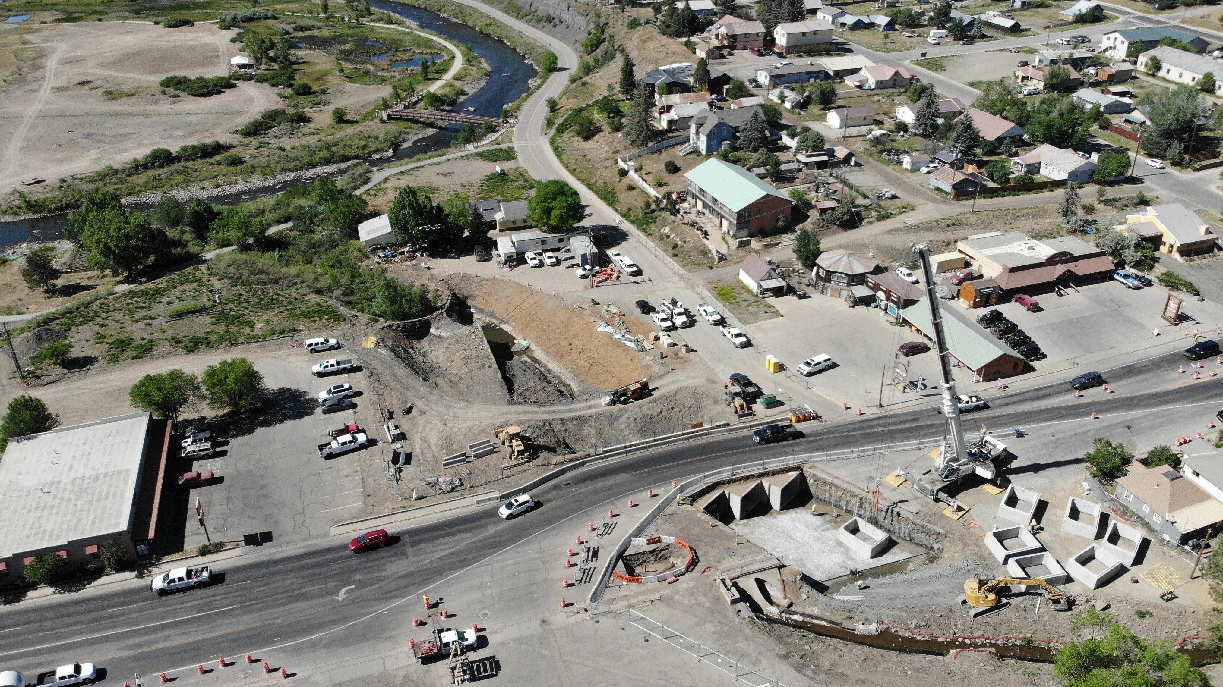 Aerial view of the McCabe Creek project work zone located along US 160 in Pagosa Springs (Photo courtesy Town of Pagosa Springs.jpg detail image