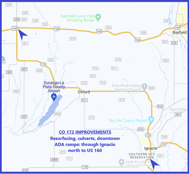 Resurfacing and improvement work is set for CO 172 from south of Ignacio, through the town and will extend for 16.7 miles to just south of the US 160 junction at Elmore’s Corner.