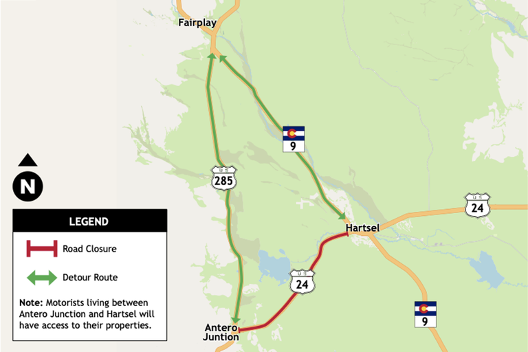  Detour on US 285 to CO 9 for 21-day closure expected to begin on April 17 from Antero Junction to Harsel