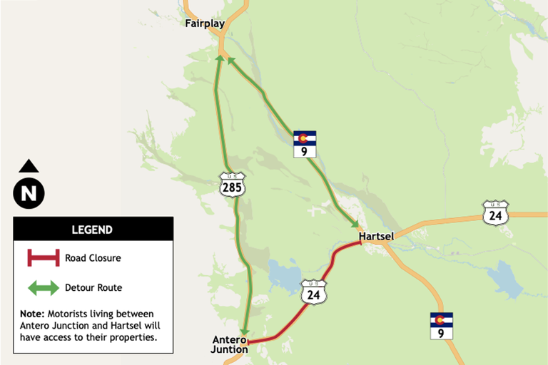 Detour on US 285 to CO 9 for 21-day closure expected to begin on April 17 from Antero Junction to Harsel Detour on US 285 to CO 9 for 21-day closure expected to begin on April 17 from Antero Junction to Harsel