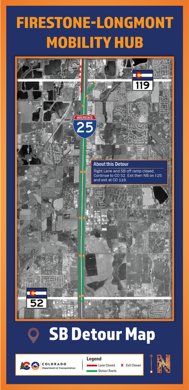 Firestone-Longmont Mobility Hub southbound I-25 detour map at Exit 240