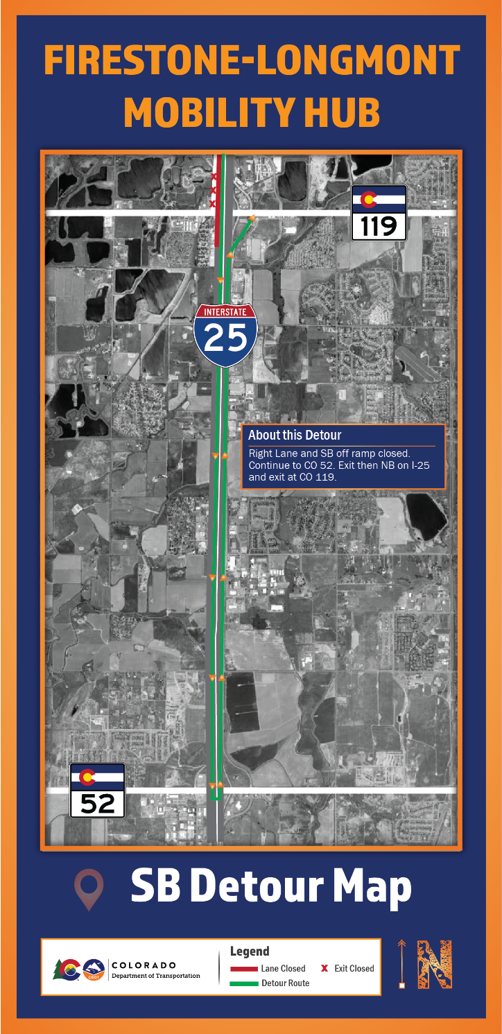 Firestone-Longmont Mobility Hub southbound I-25 detour map at Exit 240.png detail image