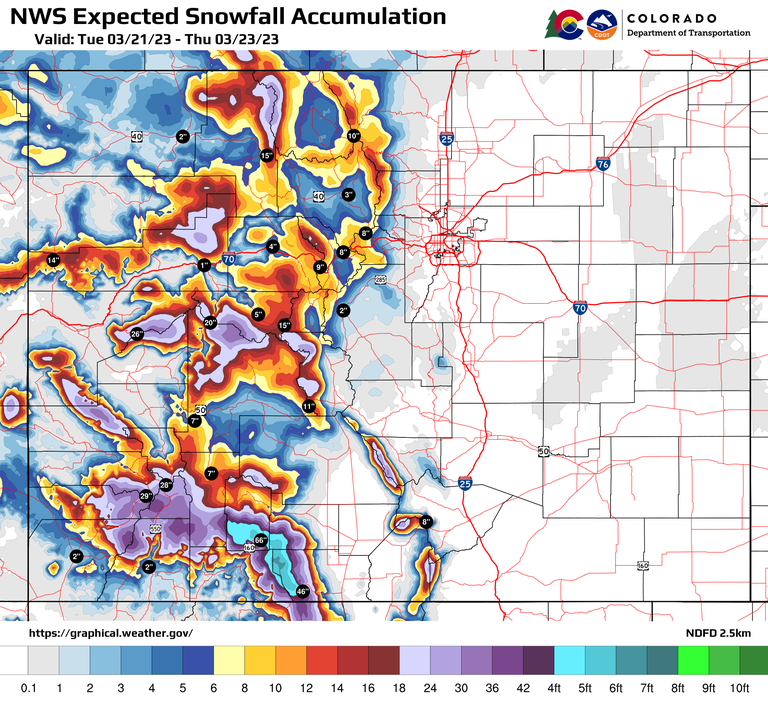 The National Weather Service expected snowfall map for March 21 to 23, 2023