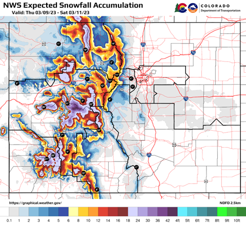 National Weather Service map expected snowfall in Colorado for March 10 to 12