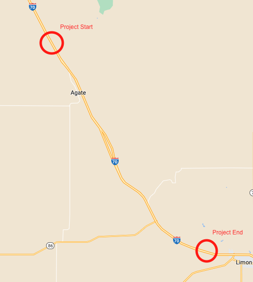 Project map both eastbound and westbound on I-70 between Limon and Agate 