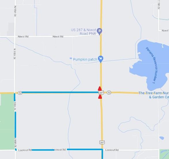Project map of intersection of US 287 and CO 52 between the cities of Longmont and Broomfield