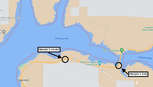 US 50 passing lane project map at located 25 miles west of Gunnison