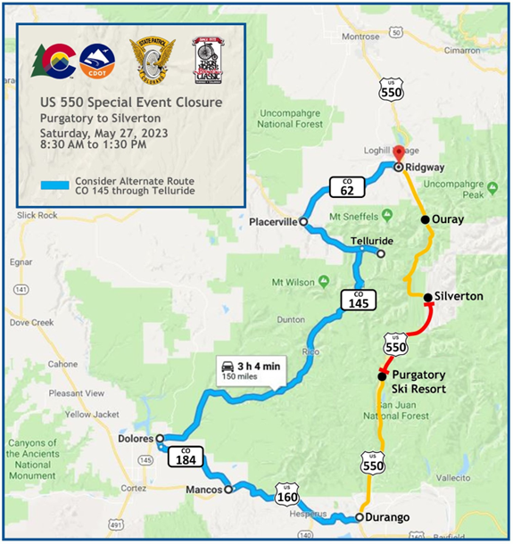 US 550 Special Event Closure Map from Purgatory to Silverton on Saturday, May 27, 2023 from 8:30 a.m. to 1:30 p.m. Consider the alternate route of CO 145 through Telluride.
