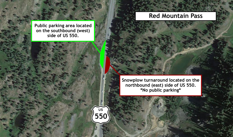 Map of the designated public parking and snow plow turn around areas located on the top of US 550 Red Mountain Pass.