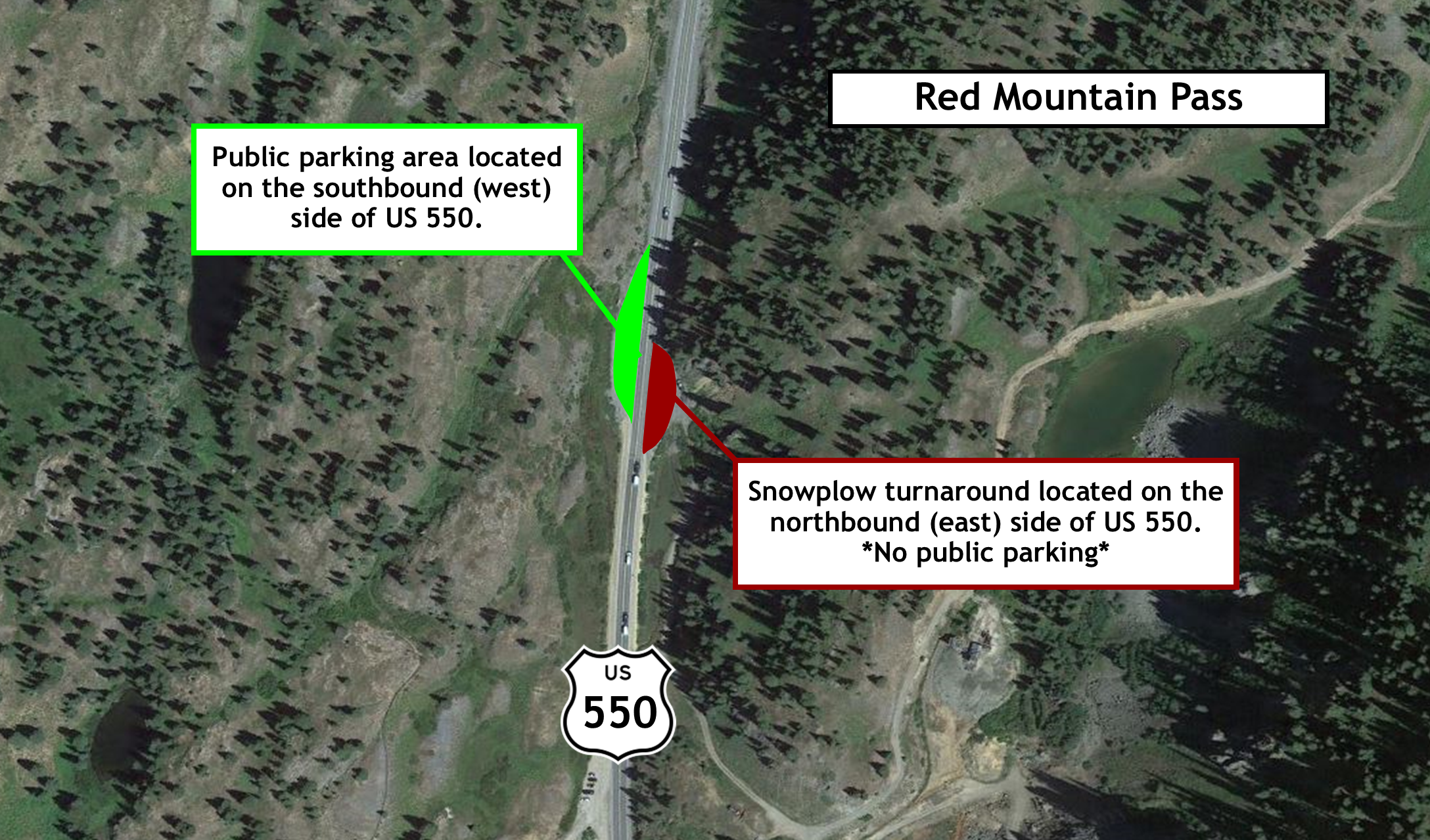 Map of the designated public parking and snow plow turn around areas located on the top of US 550 Red Mountain Pass.png detail image