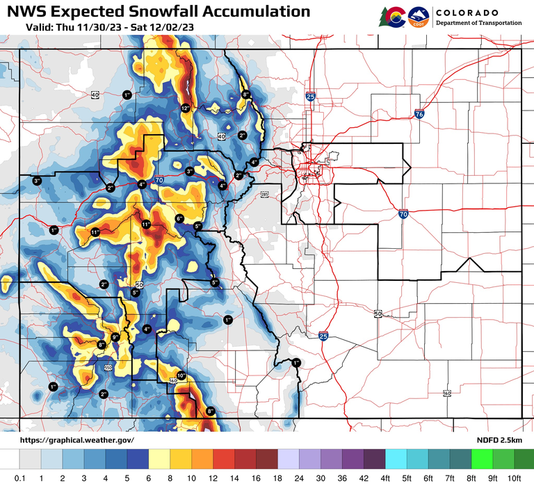 National Weather Service expected snowfall accumulation across Colorado graphic. 